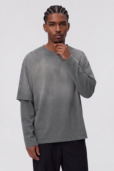 Men Fall Gradient Distressed Layered Long Sleeve Top