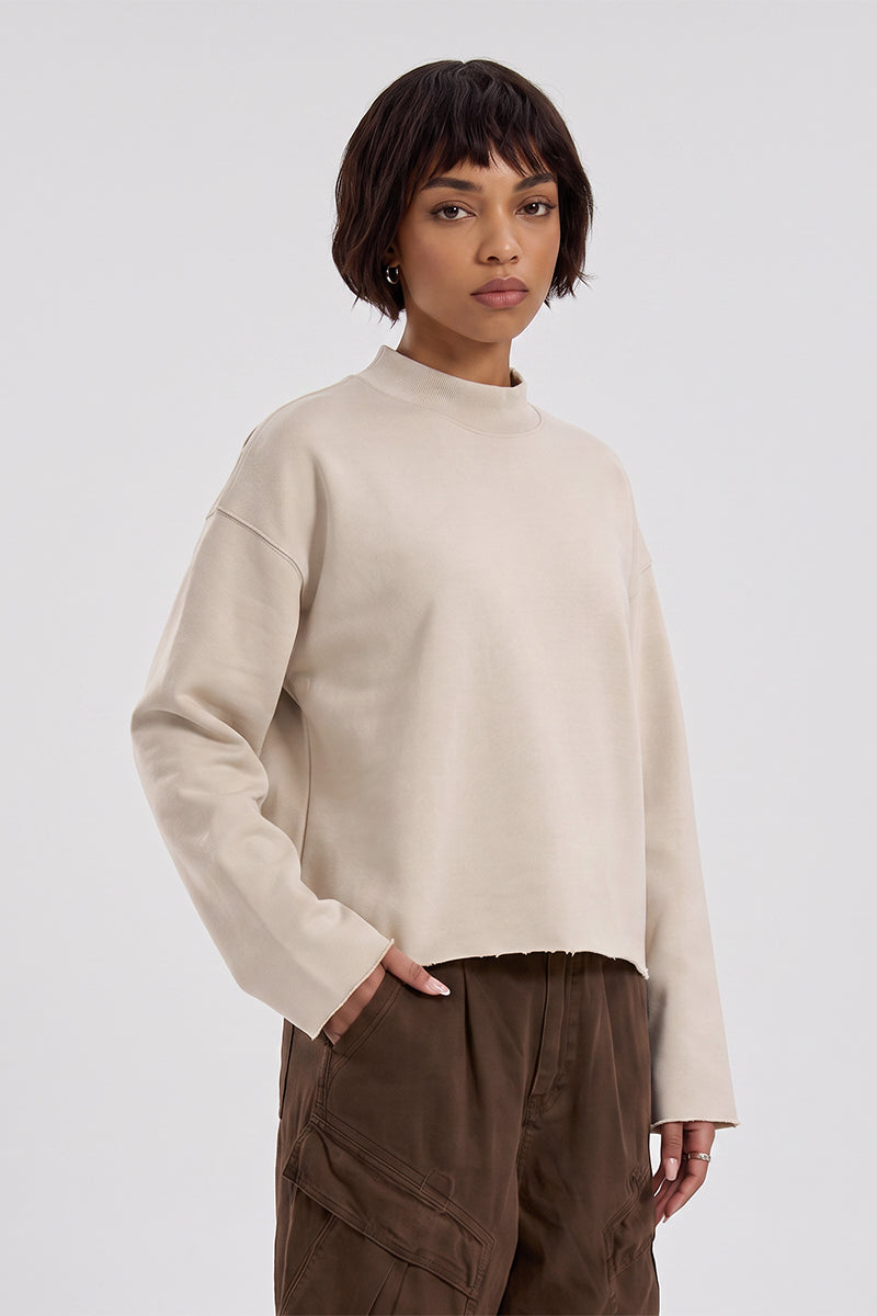 Women Fall Boxy Frayed Hem Mock Neck Long Sleeve Top