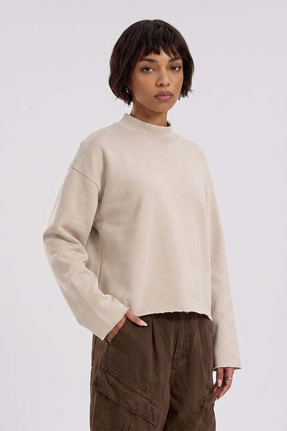 Women Fall Boxy Frayed Hem Mock Neck Long Sleeve Top