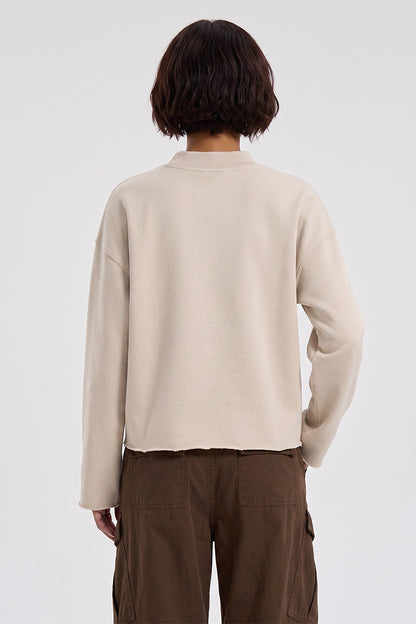 Women Fall Boxy Frayed Hem Mock Neck Long Sleeve Top