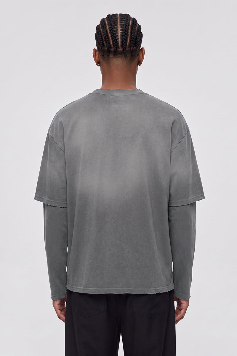 Men Fall Gradient Distressed Layered Long Sleeve Top