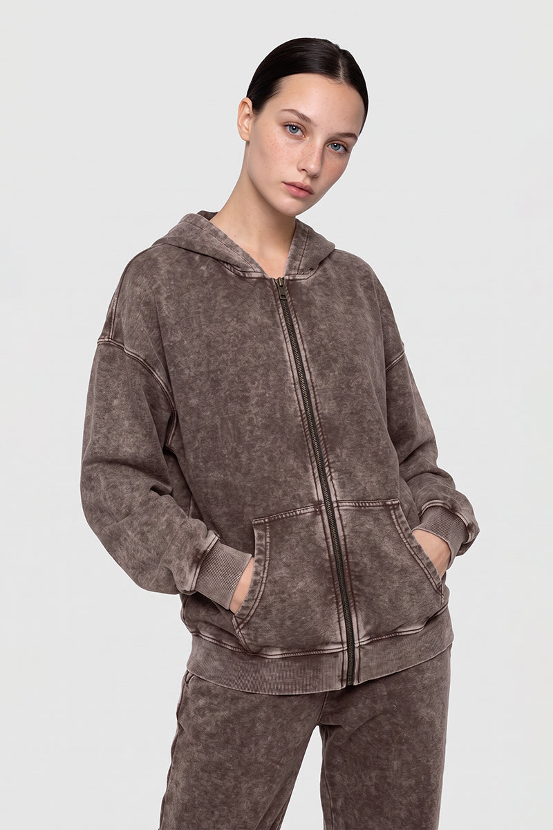 Women's Fall Winter Vintage Washed Zip-Up Pocket Hoodie