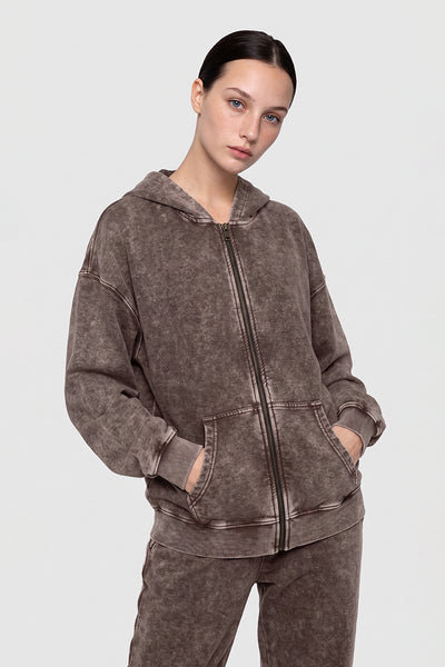 Women's Fall Winter Vintage Washed Zip-Up Pocket Hoodie