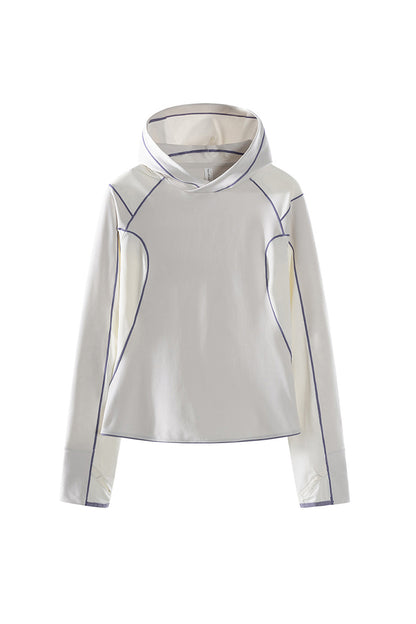 Women Spring Contrast Stitch Hooded Outdoor Long Sleeve Top