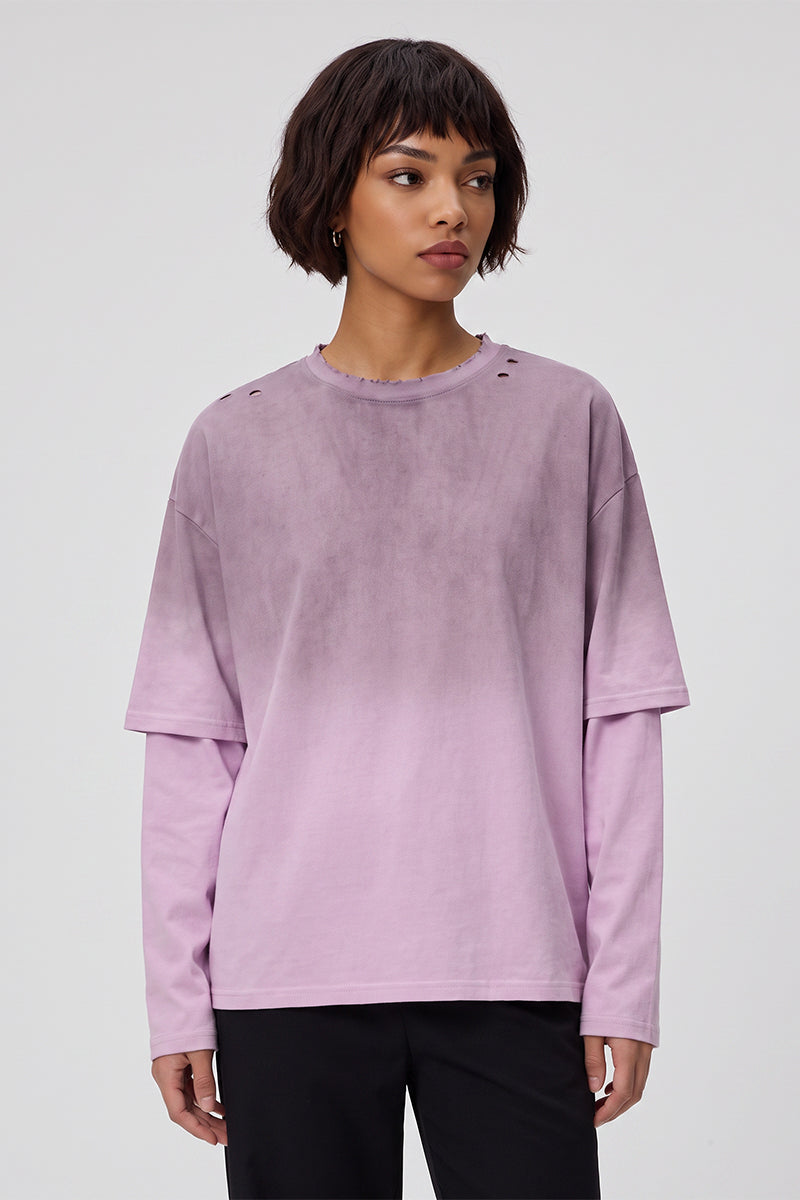 Women Fall Gradient Distressed Layered Long Sleeve Top