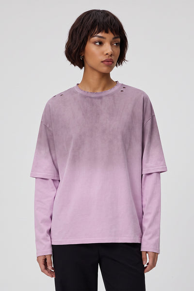 Women Fall Gradient Distressed Layered Long Sleeve Top