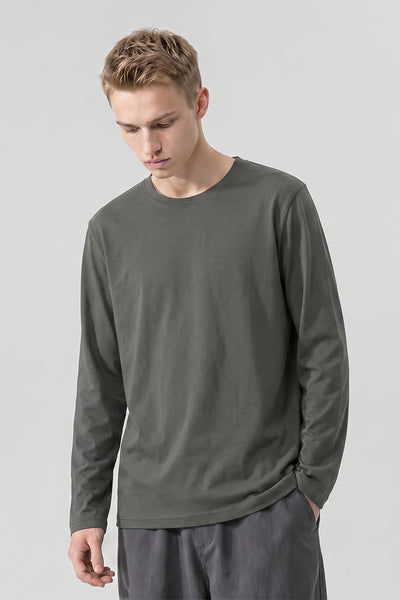 Men's Fall Combed Cotton Solid Crewneck Long-Sleeve T-Shirt