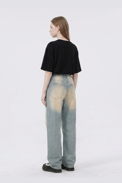 Women's Heavy Wash High Waist Wide Leg Ripped Jeans
