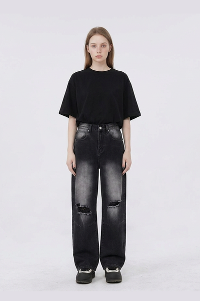 Women's Heavy Wash High Waist Wide Leg Ripped Jeans