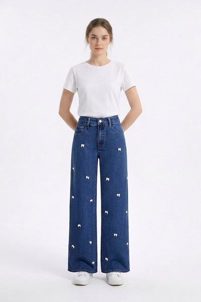 Women's High Waist Sweet Bow Pattern Wide Leg Jeans