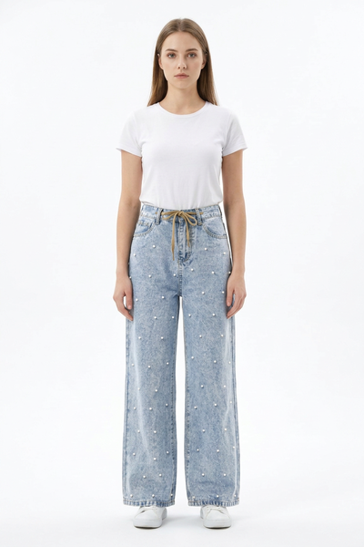 Women's High Waist Drawstring Waist Pearl Wide Leg Jeans