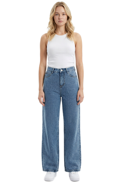 Women's High Waist Allover Rhinestone Loose Wide Leg Jeans