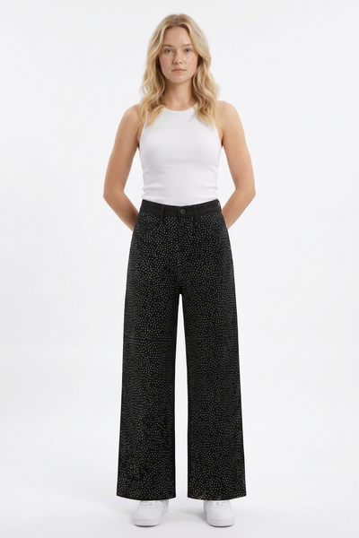 Women's High Waist Allover Rhinestone Loose Wide Leg Jeans