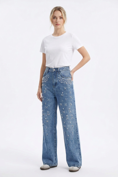 Women's High Waist Pearl Trim Wide Leg Jeans