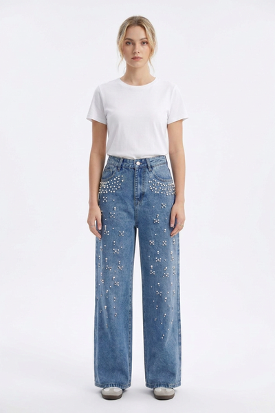Women's High Waist Pearl Trim Wide Leg Jeans