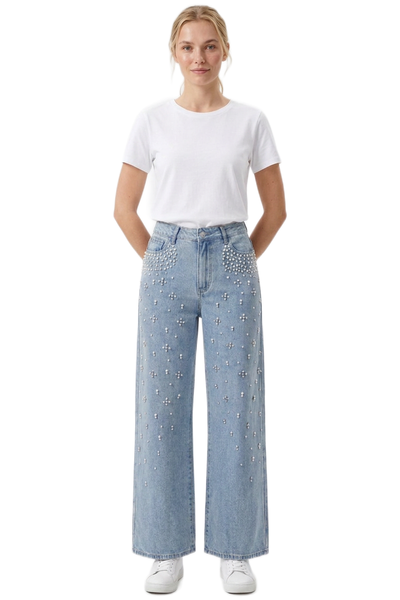 Women's High Waist Pearl Trim Wide Leg Jeans