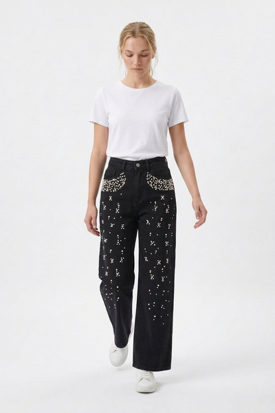 Women's High Waist Pearl Trim Wide Leg Jeans