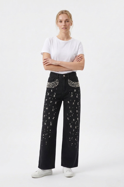 Women's High Waist Pearl Trim Wide Leg Jeans
