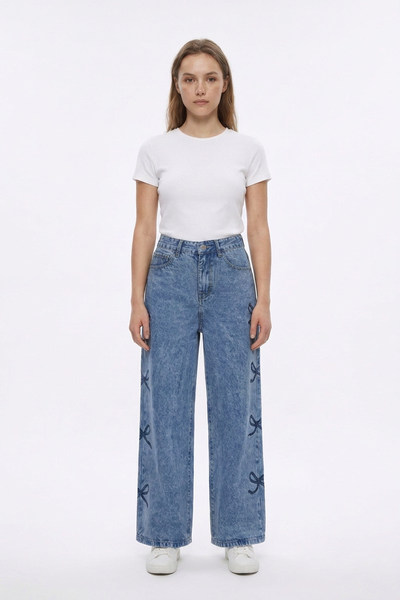 Women's High Waist Vintage Side Bow Wide Leg Jeans