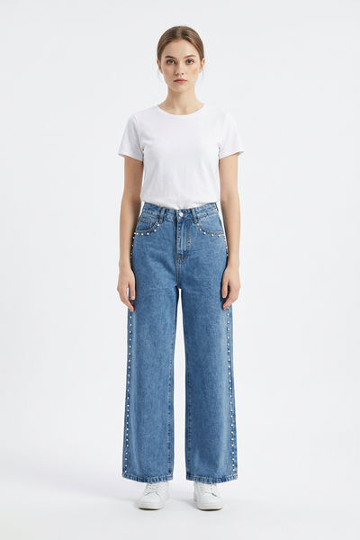 Women's High Waist Pearl Studded Side Seam Wide Leg Jeans