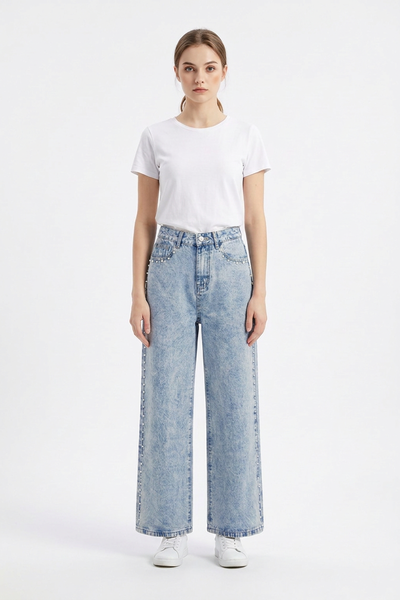 Women's High Waist Pearl Studded Side Seam Wide Leg Jeans