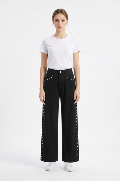 Women's High Waist Pearl Studded Side Seam Wide Leg Jeans