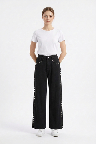 Women's High Waist Pearl Studded Side Seam Wide Leg Jeans