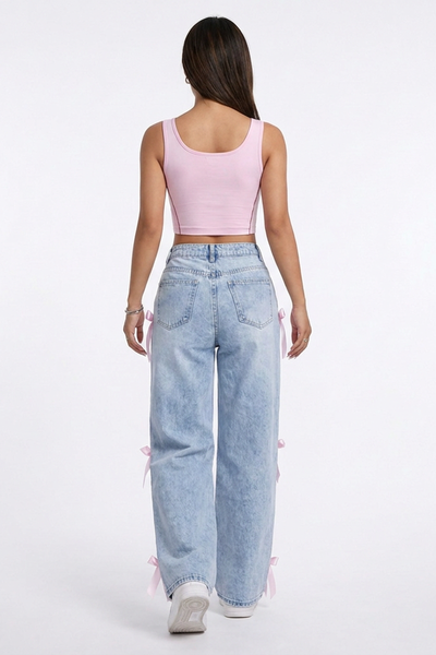 Women's High Waist Side Bow Detail Wide Leg Jeans