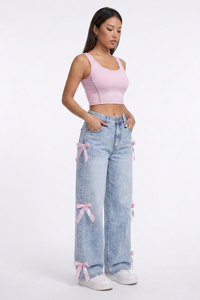Women's High Waist Side Bow Detail Wide Leg Jeans