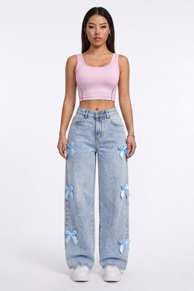 Women's High Waist Side Bow Detail Wide Leg Jeans
