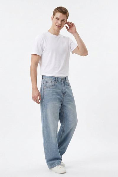 Men's 100% Cotton Washed Relaxed Fit Wide Leg Jeans