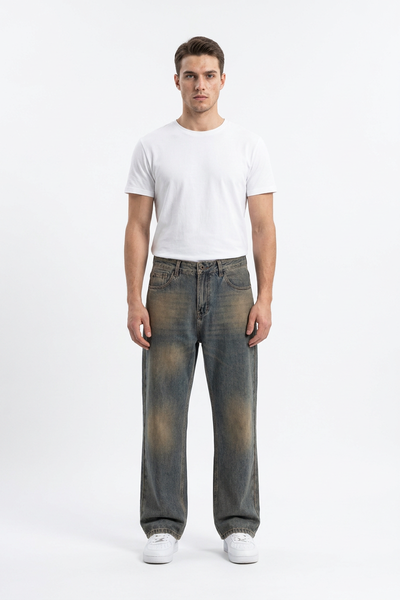 Men's Vintage Dirty Wash Cotton Straight Leg Jeans