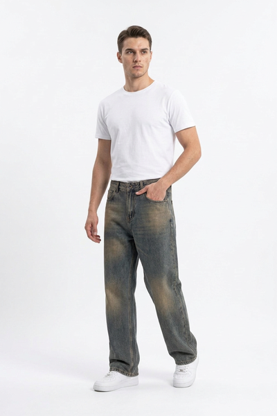 Men's Vintage Dirty Wash Cotton Straight Leg Jeans