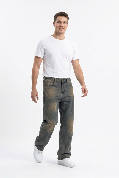 Men's Vintage Dirty Wash Cotton Straight Leg Jeans