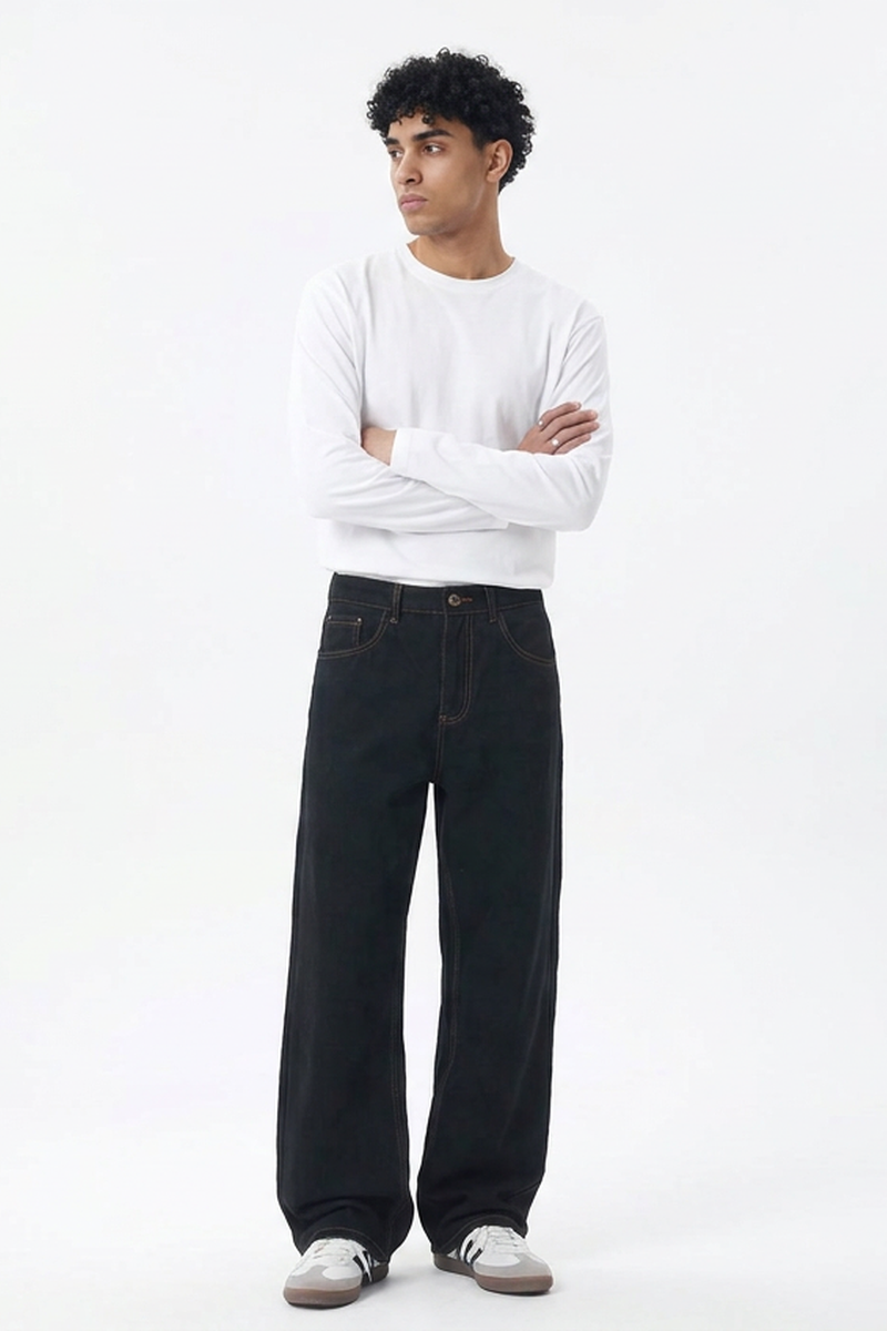 Men's Raw Black Relaxed Straight Leg Jeans