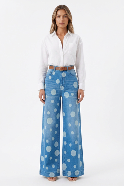 Women's Retro Polka Dot High Waist Wide Leg Jeans