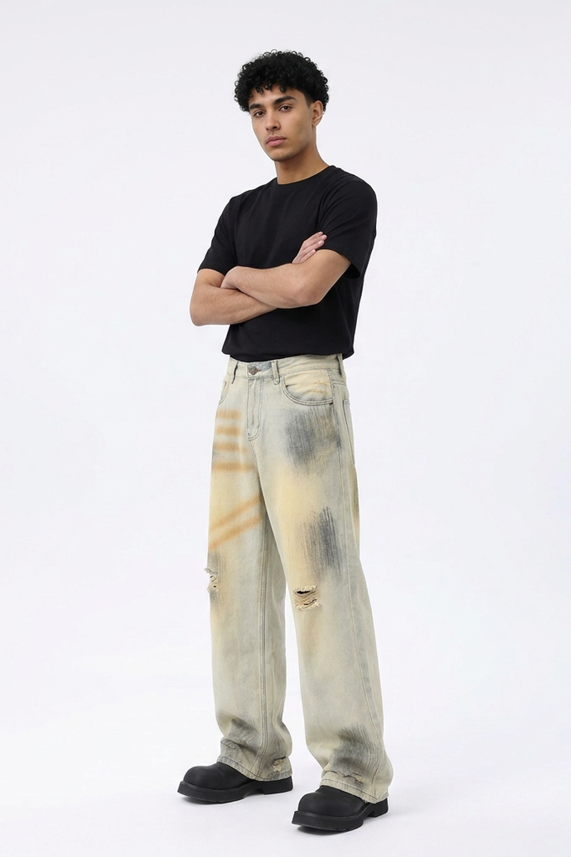 Men's Dirty Wash Relaxed Wide Leg Jeans