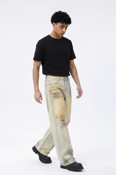 Men's Dirty Wash Relaxed Wide Leg Jeans