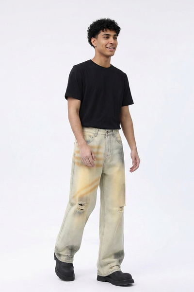 Men's Dirty Wash Relaxed Wide Leg Jeans