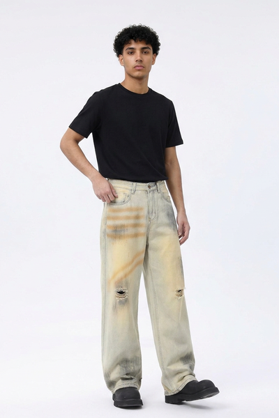 Men's Dirty Wash Relaxed Wide Leg Jeans