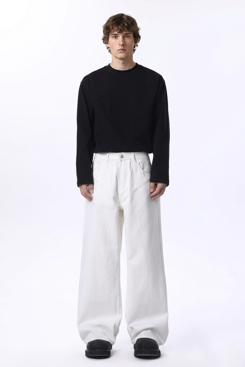 Men's Clean White Loose Fit Wide Leg Jeans